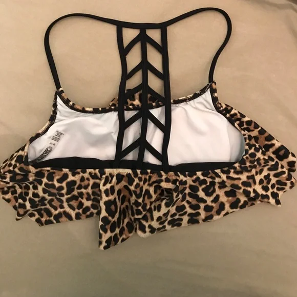 Victoria’s Secret PINK tan brown black leopard print ruffle bikini top - Picture 4 of 5